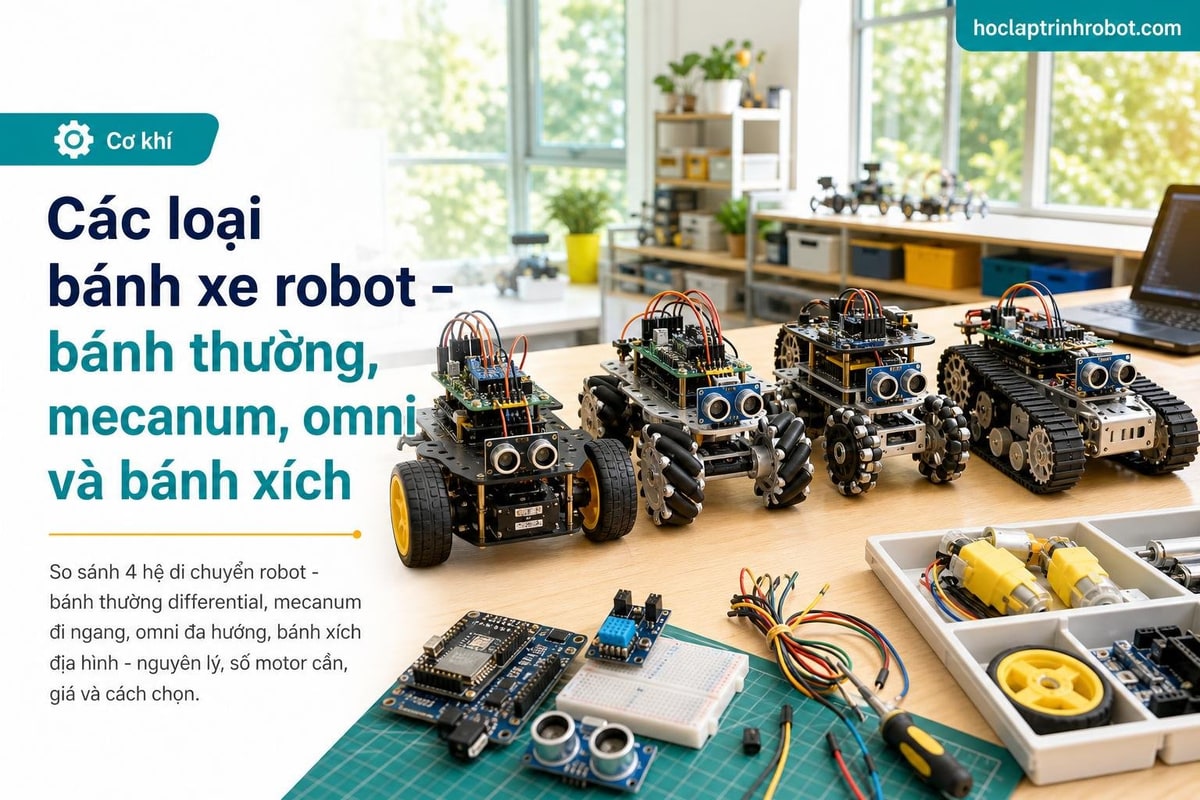 Các loại bánh xe robot - bánh thường, mecanum, omni và bánh xích