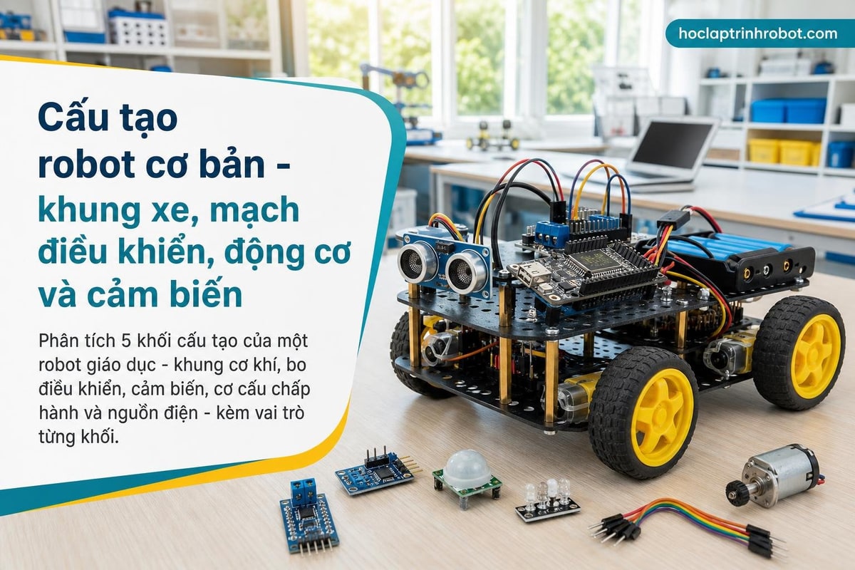 Cấu tạo robot cơ bản - khung xe, mạch điều khiển, động cơ và cảm biến