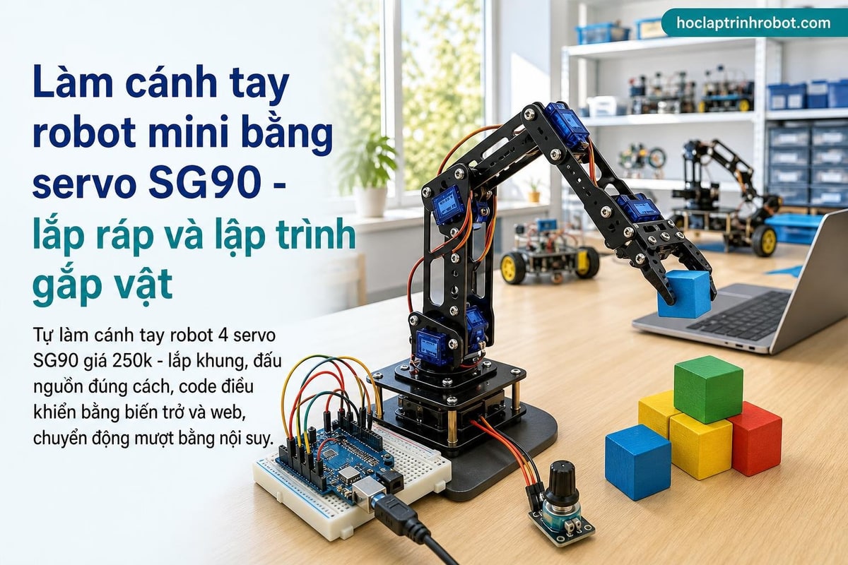 Làm cánh tay robot mini bằng servo SG90 - lắp ráp và lập trình gắp vật