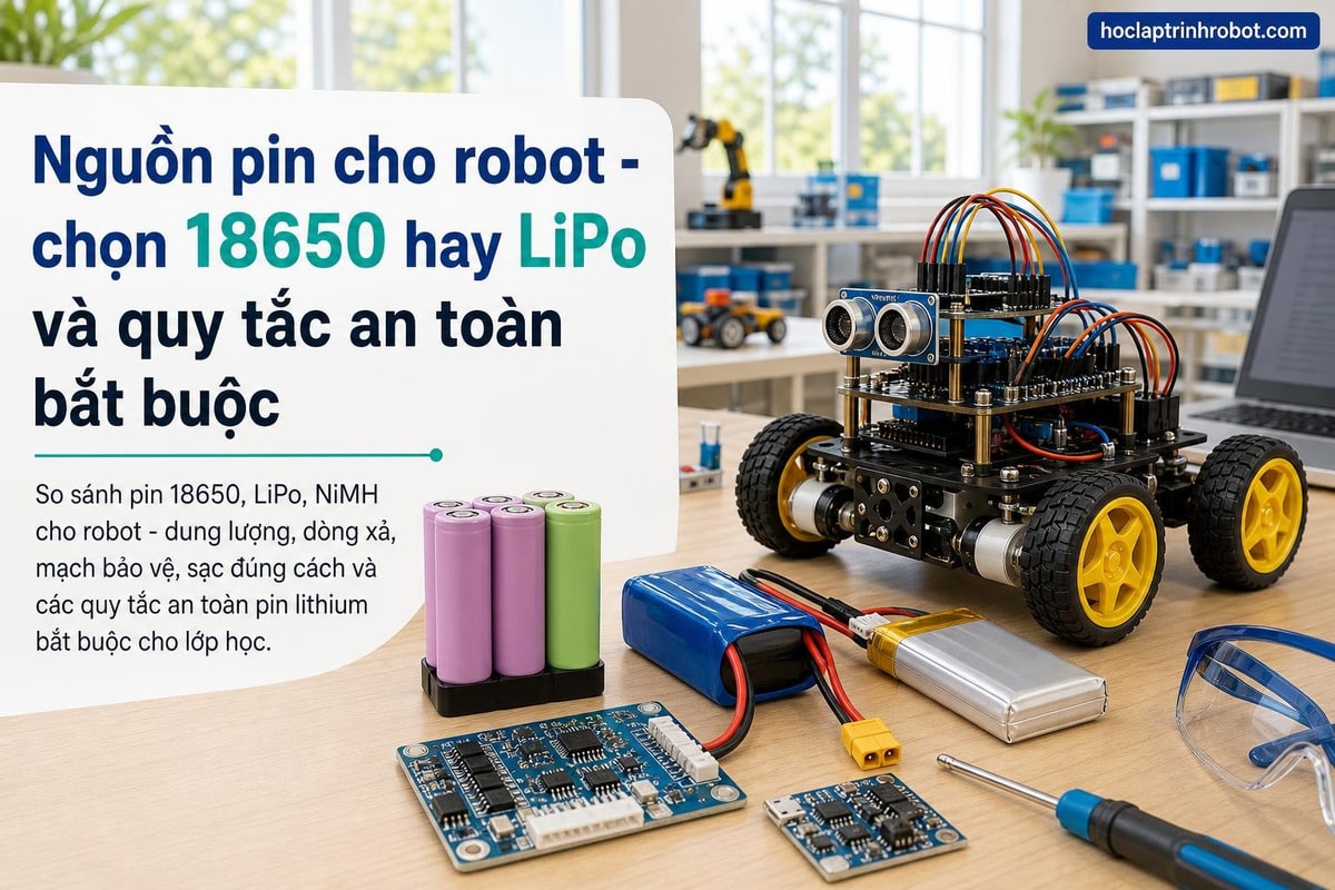 Nguồn pin cho robot - chọn 18650 hay LiPo và quy tắc an toàn bắt buộc